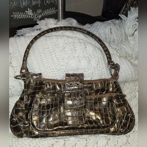Metallic Copper Faux Crocodile-Embossed Handbag.